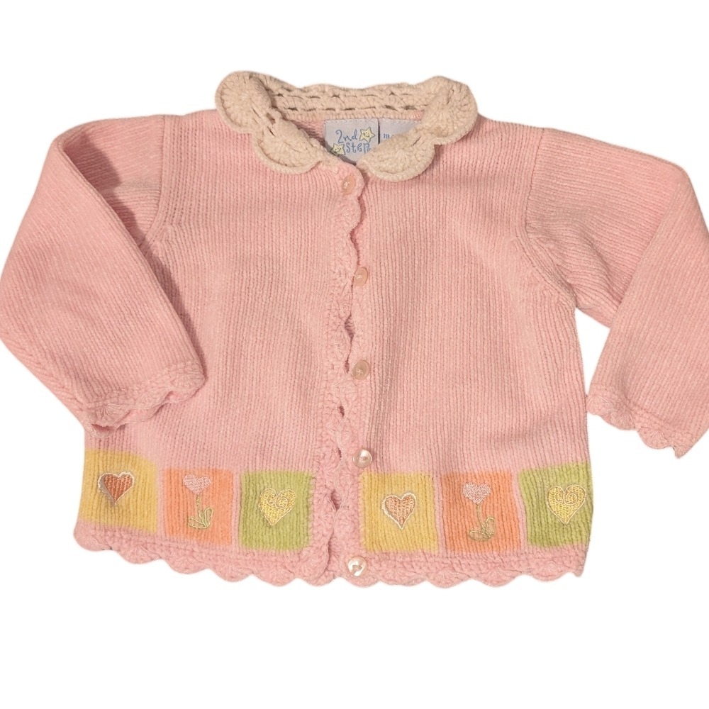 Vintage Infant Girl Chenille Pink Knit Cardigan Embroidered Hearts